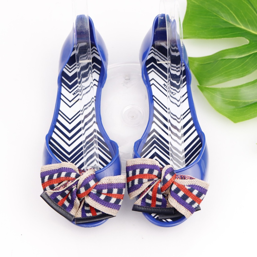 Missoni Shoes Womens Jelly Flats Size 7 Blue Plastic Bow Chevron Italy Open Toe